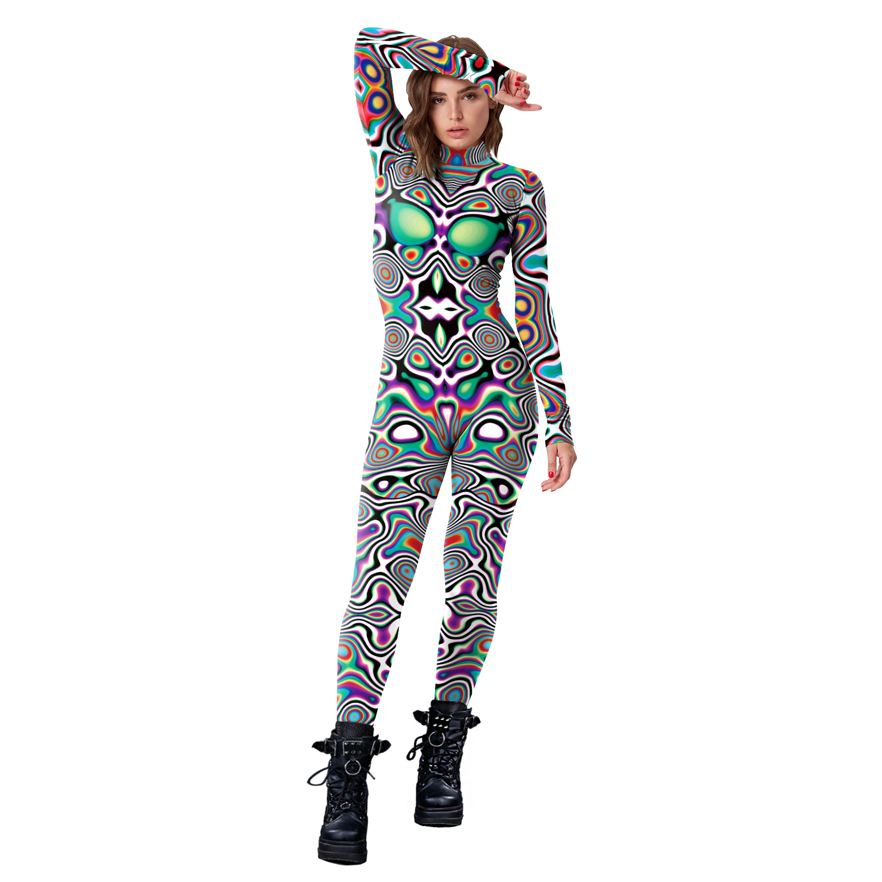 Zaw aland Frauen Langarm Zentai Bodysuit abstrakte Geometrie 3D-Druck Party Phantasie sexy Overalls Cosplay Kostüme Leistung