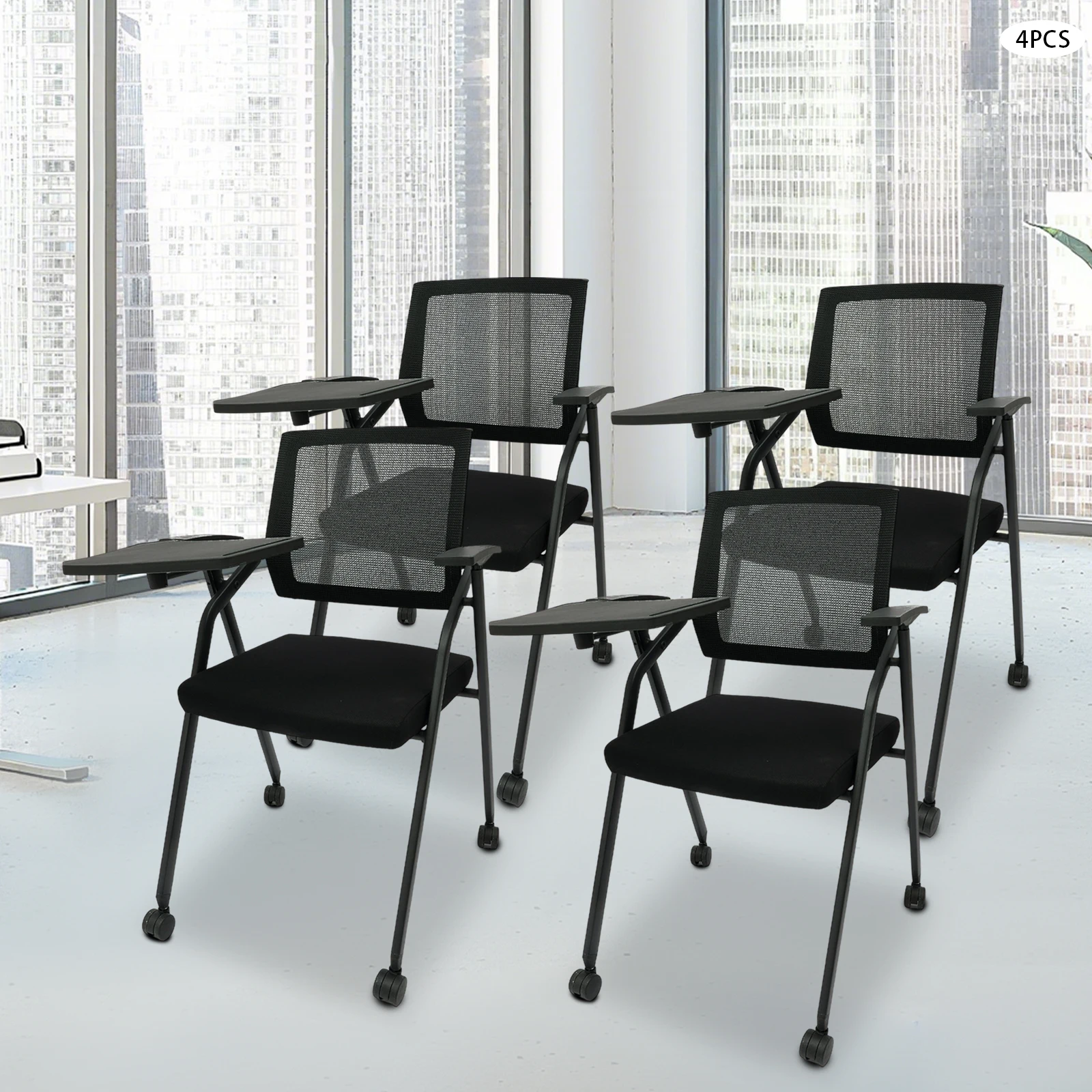 4-Pack كرسي غرفة الاجتماعات الأسود كرسي اجتماع مكتب قابل للطي مع مسند ظهر شبكي مقعد مبطن 440LBS تحميل عجلات PU للمنزل