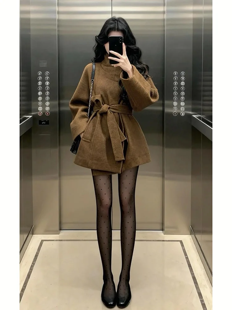 

Korean Sle Stand Collar Belted Woolen Coat Women's Autumn Winter Faion Ele Tailored Fit Long Sve Polyester Fiber