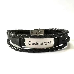 Punk Custom Text Logo Engrave Name Mett Leather Bracelet Men Stainless Steel Handmade Women Rope Id Bracelets