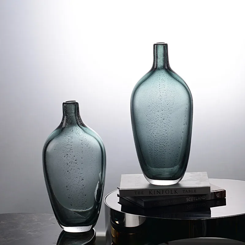Cyan Bubble Glass Vase Medieval Style Thick Heavy Bottom Thin Neck Small Diameter Flower Arrangement Nordic Wabi Sabi Home
