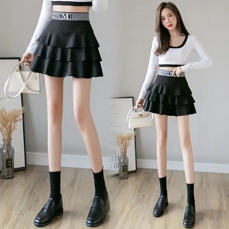 Black High Waist A-Line Puffy Skirt Women's Spring Summer Fashion Slimming Baked Cake Short Skirt with Inner  Anti-Light