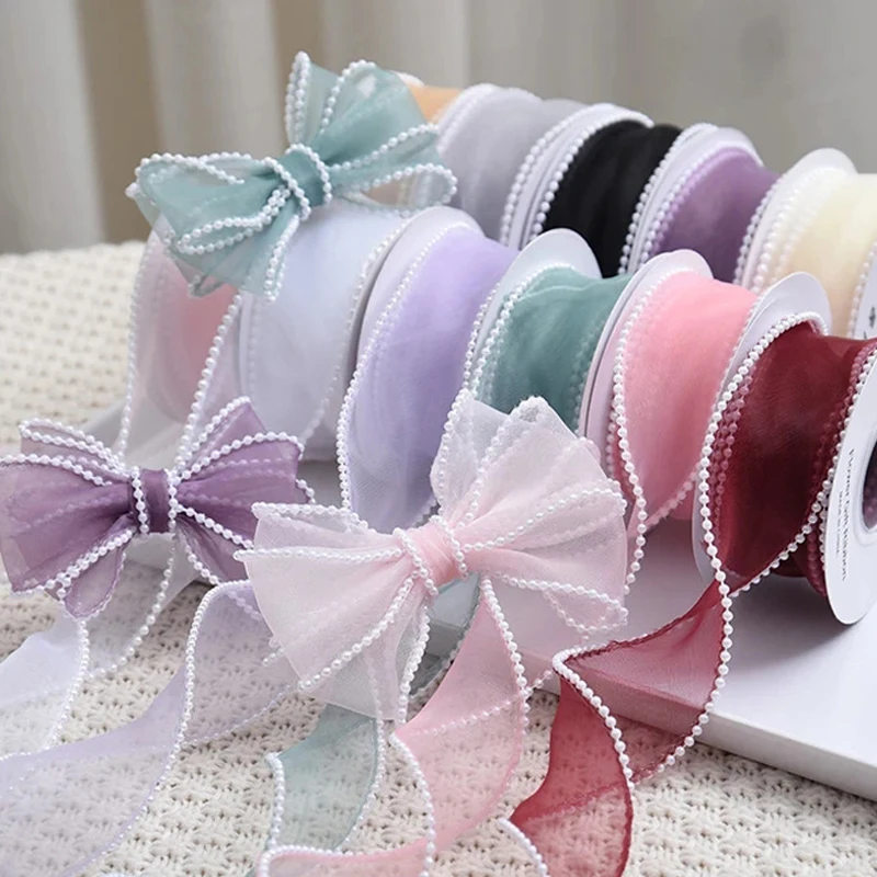 5Yards Sheer Chiffon Ribbon Pearl Fish Tail Yarn Organza Ribbon For Gift Packaging Decoration Wedding Bouquets Wrapping DIY Bow