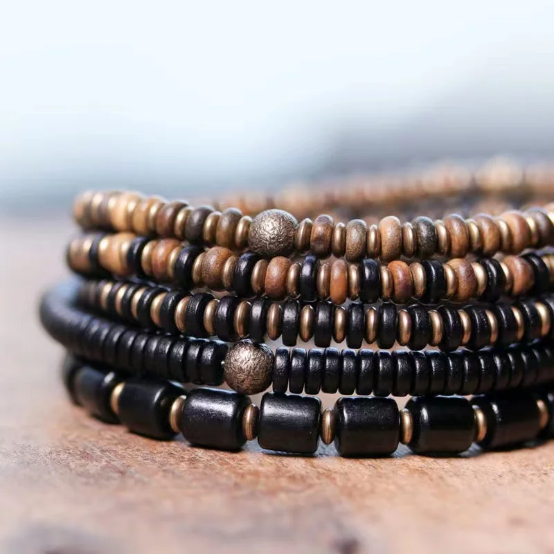 Black Ebony Space Beads Black Wood Bracelet Brass Charm  Natural Retro Boho Simple Jewelry Summer Miyuki Jewelry