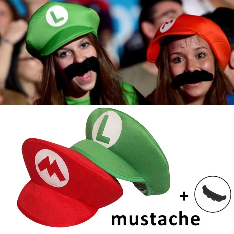 Super Bros Cartoon Cosplay Red Hat Green Hat Beard Set Anime Figure Halloween Funny Clothes Unisex Kids Adult Cap Party Gifts