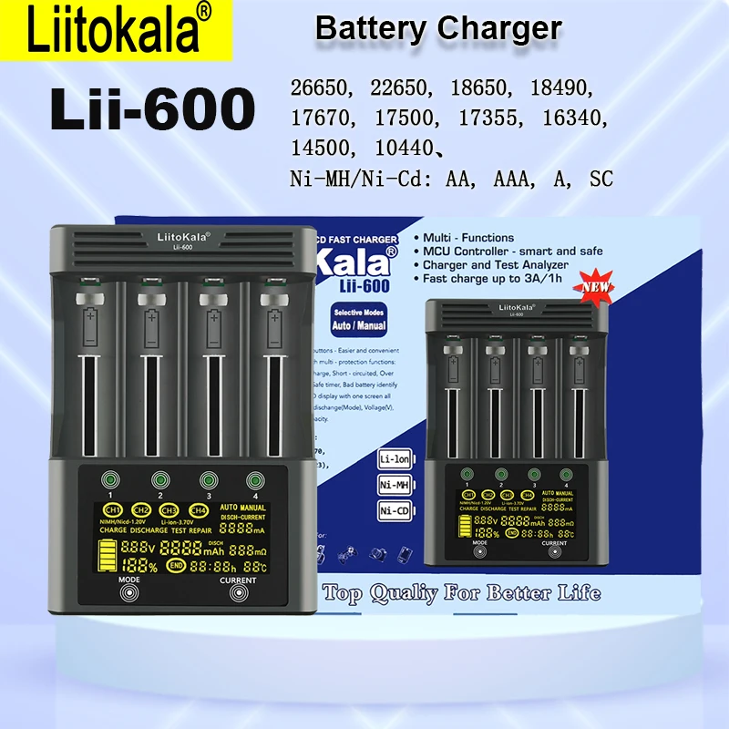 

LiitoKala Battery Portable ChargerLii-600 LCD Display for 18650 3.7V 1.2V 26650 21700 26700 AA AAA Test Capacity