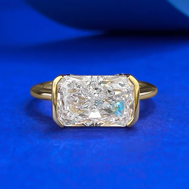 

S925 Silver European and American New Gold Plated Zircon Inlaid 7 * 11mm Rectangular Ice Flower Cut Ring Women's Jewelry