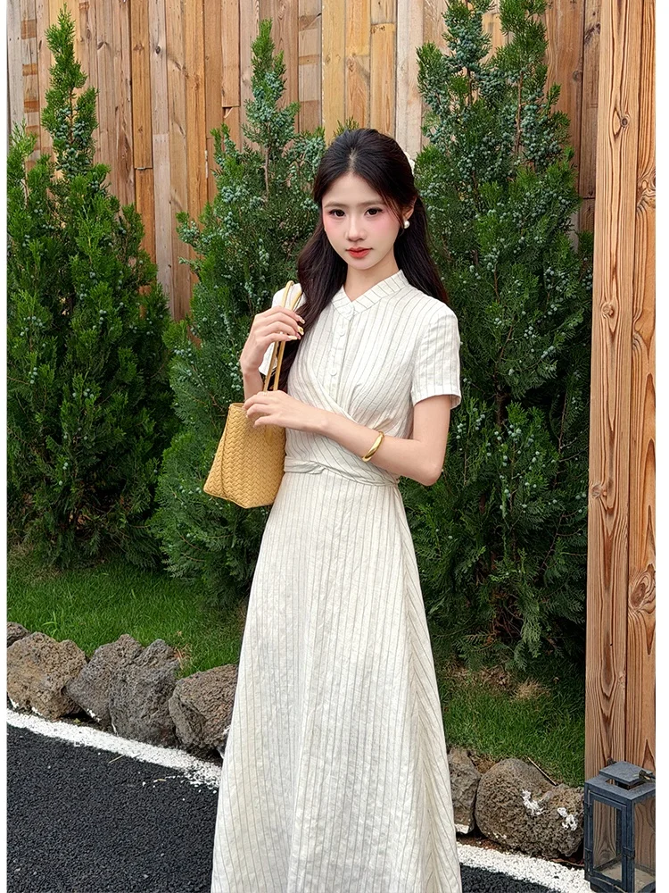 

Белое платье QingHuan Summer Design с завышенной талией, складками, для женщин, стройнящее, А-силуэт, с коротким рукавом, комфортное, дышащее, из тюля