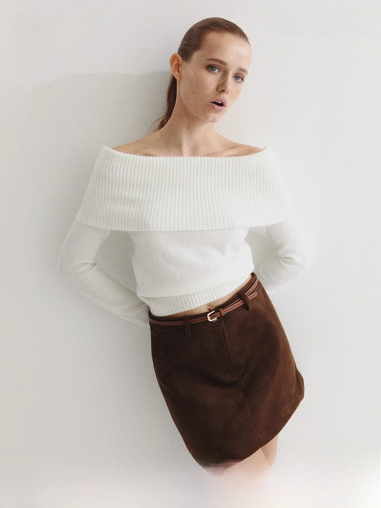 

H&M Women's Long Sleeve Knitted Sweater Summer One Shoulder Base Shirt Inner Wear Exposure Shoulder Knitwear Casual Style