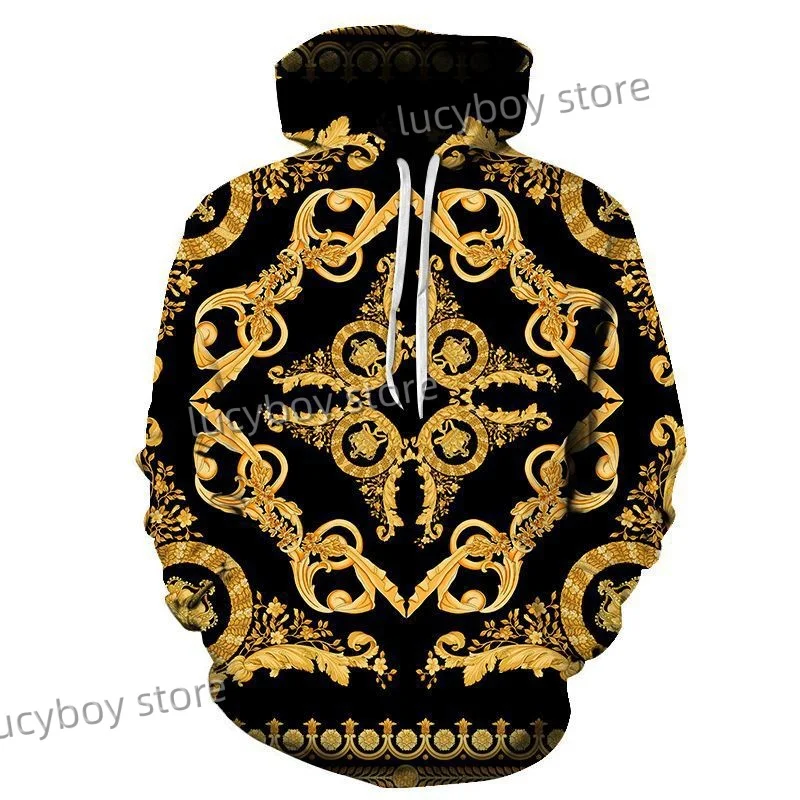 Men Gold Chain Print Loose Hoodies Street Fashion Hoodie Mens Long Sleeve Harajuku Graphic Hooded Sweatshirts Tops Men Clothing