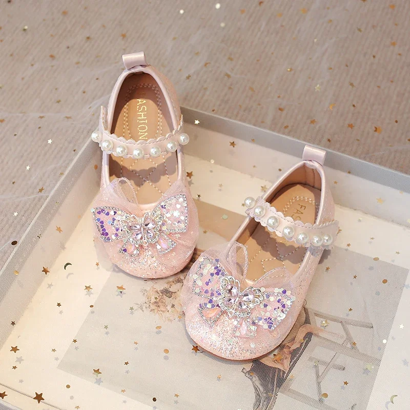 Little Girls Princess Shoes Sequins Lace Butterfly Beautiful Glitter Rhinestone Blue Crystal Kids Flats Chic Shoes Wedding Party