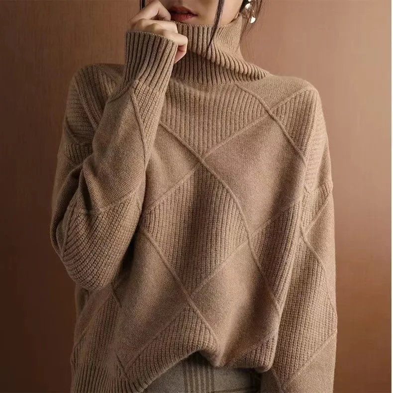 Spring Autumn Lazy Wind Knitted Bottoming Shirt 2025 New Casual Home Turtleneck Sweater For Women Loose Solid Warm Pullover Top
