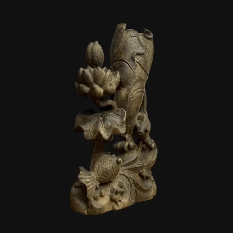 Hand-Carved Premium Wood Lotus Fish Statue - 5.9