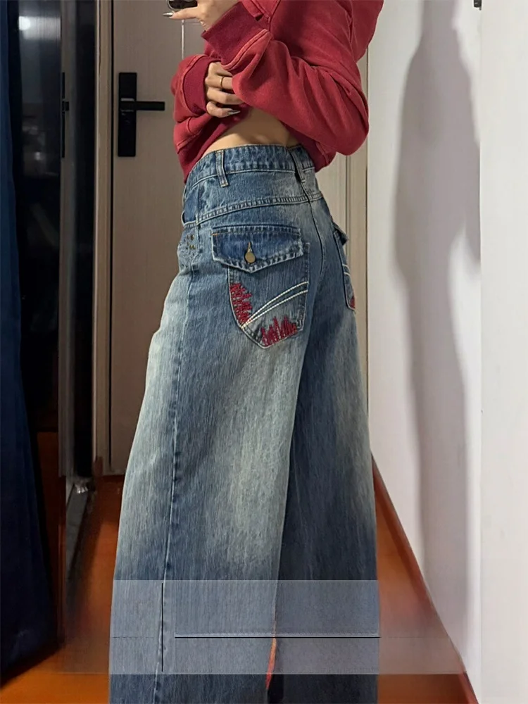 

Retro Style Women's Jeans High Waist Wide Leg Pocket Design Faded Embroidery Straight Cut Casual Long Trousers Autumn Winter