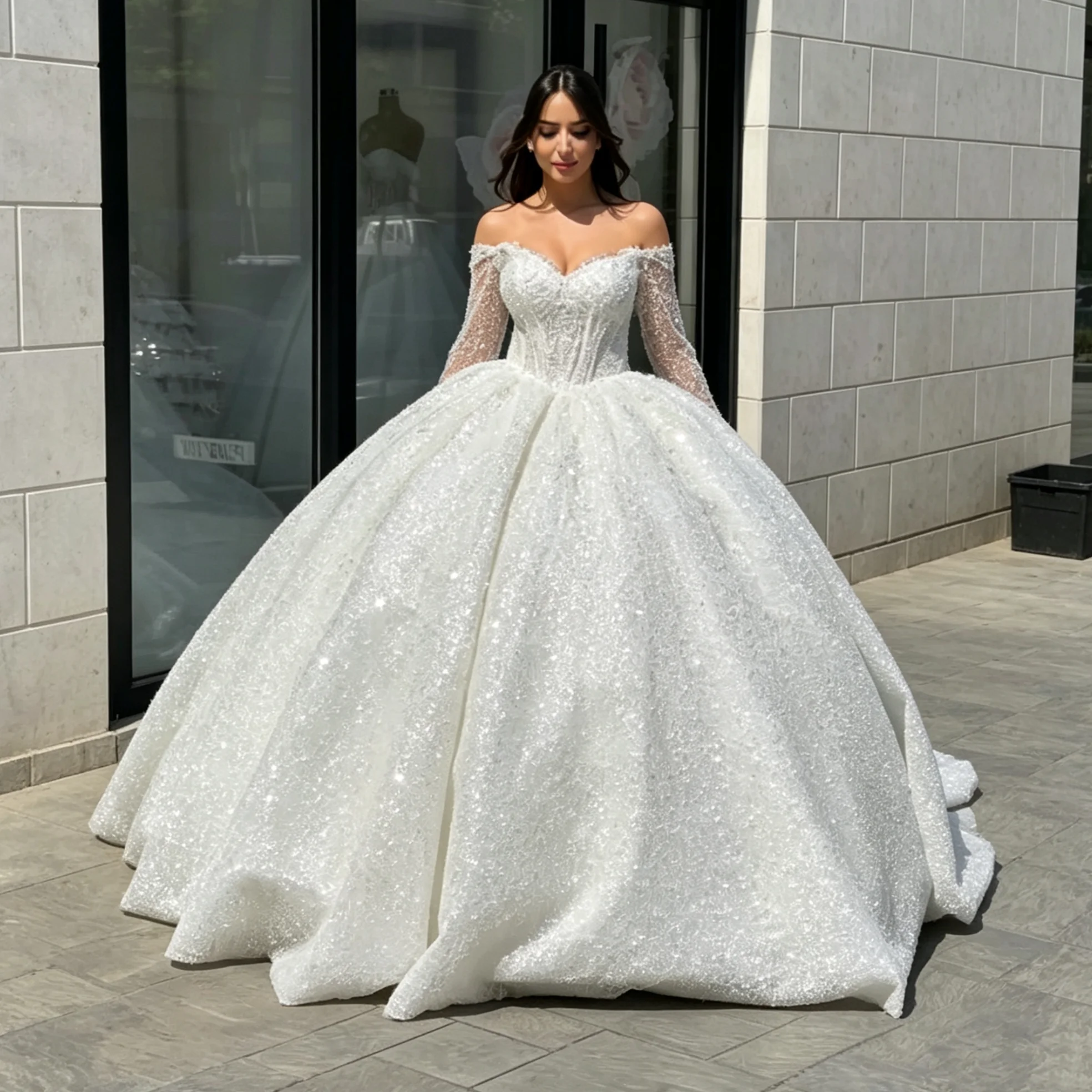 Customized Sweetheart Off Shoulder Long Sleeve Ball Dress Wedding Dress Elegant Shining Fluffy Princess A-line Bride Dress