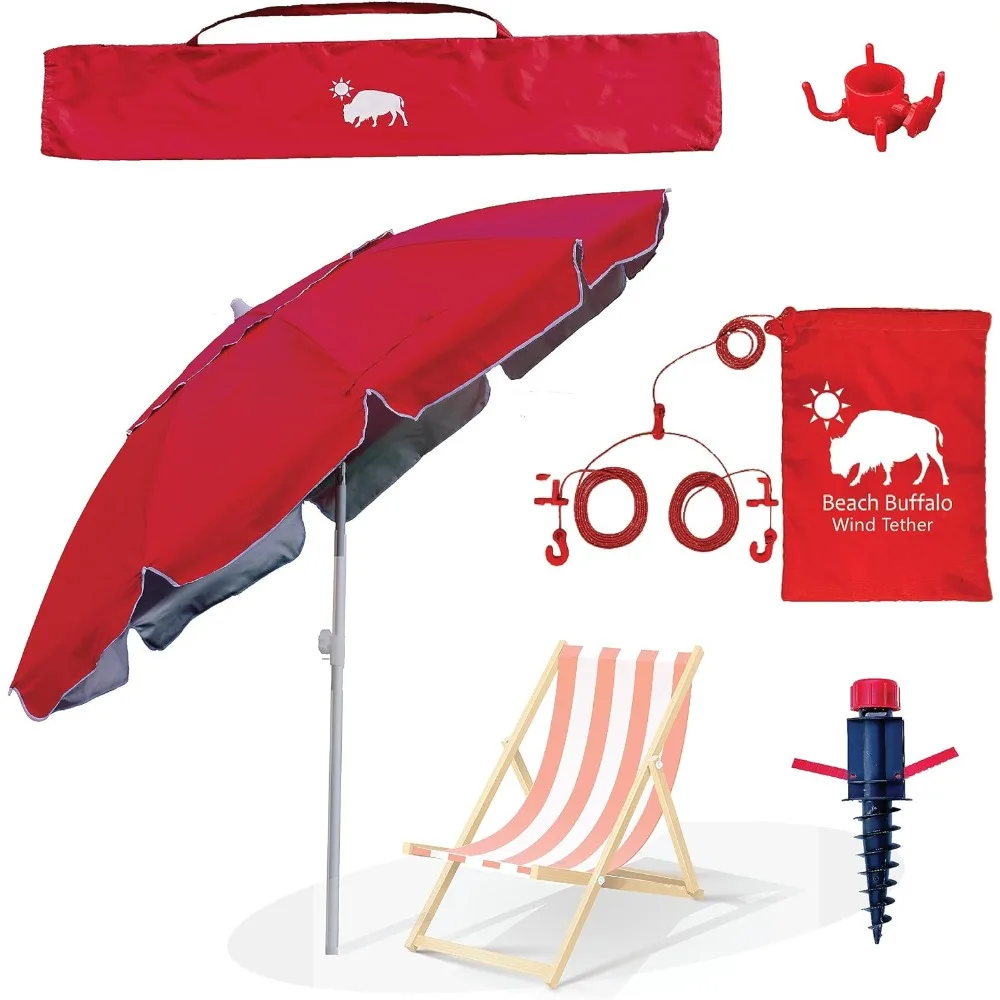 

Complete Windproof Beach Umbrella System - 5 Pieces Includes: Heavy Duty 7-1/2' Beach Umbrella, Sand Screw Auger