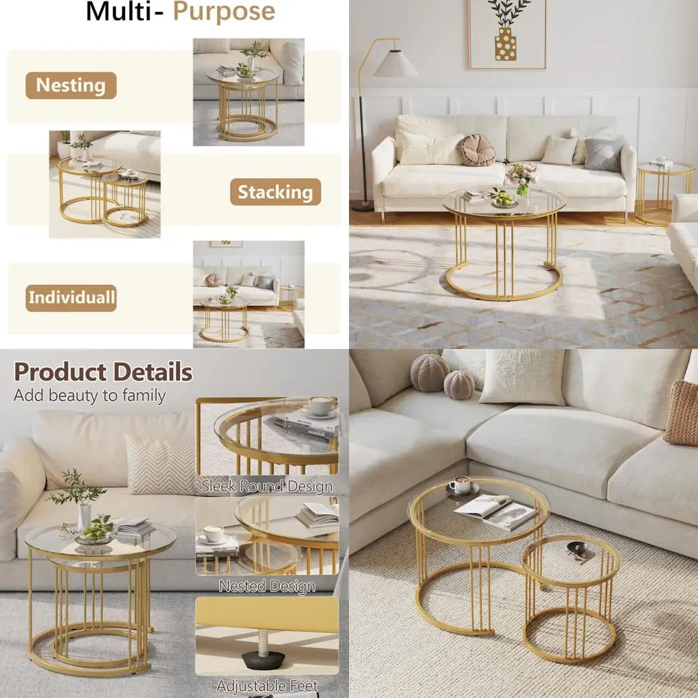 

Round Glass Nesting Coffee Table Set of 2 with Metal Frame, Ideal for Living Room, Bedroom, and Balcony, Gold