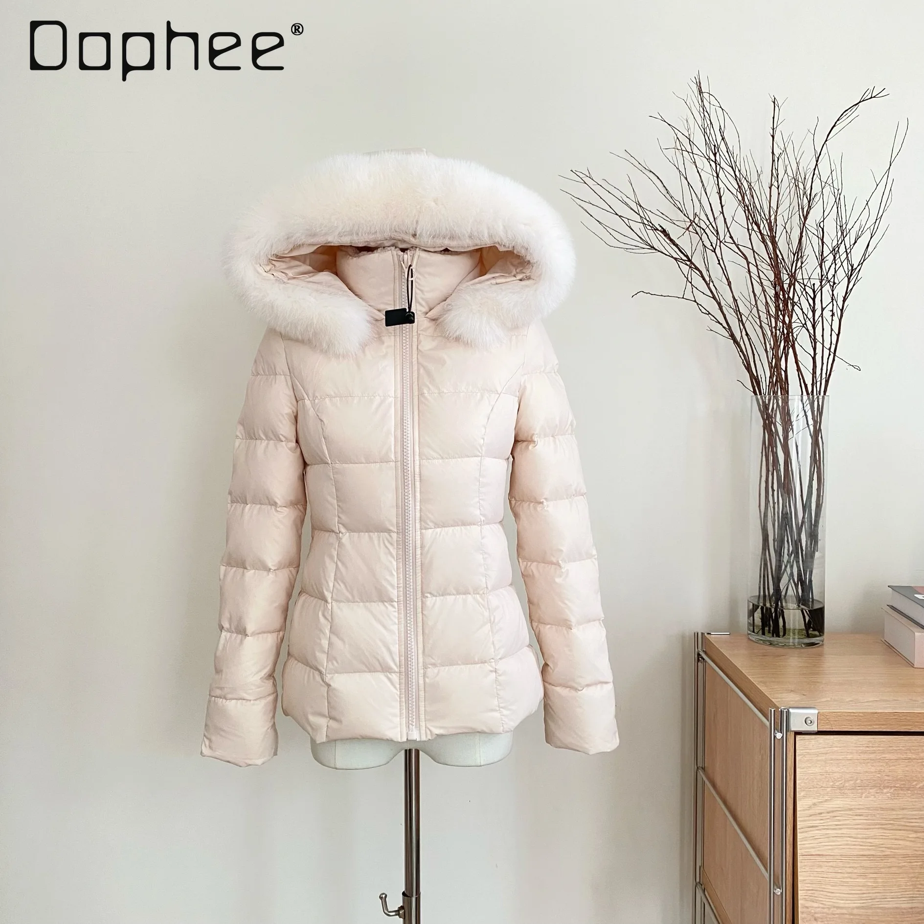 

Korea Chic Pink Slim Fit Down Jacket for Women Winter New 90% White Duck Down Hooded Fox Fur Collar Warm Thickened Cotton Coat