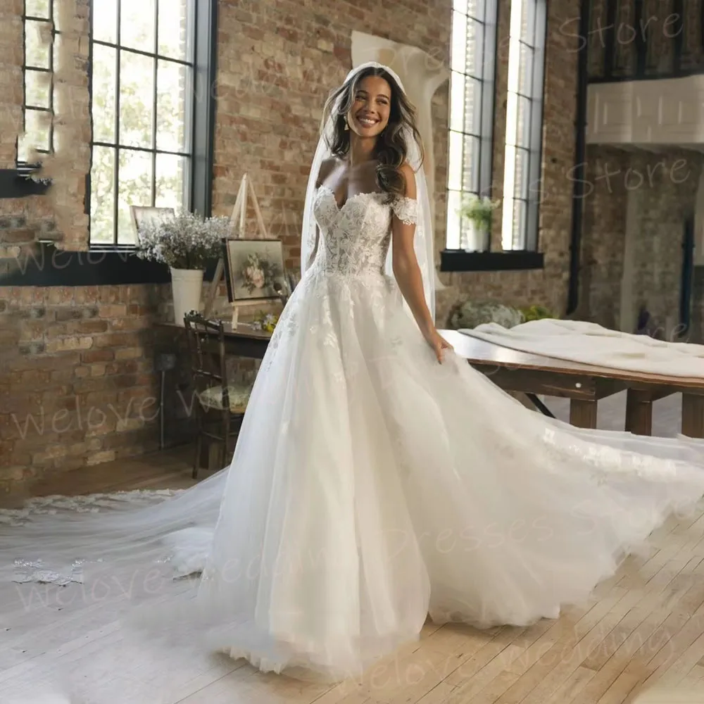 فساتين زفاف أنيقة على شكل حرف A للنساء مزينة بالدانتيل رداء De Mariée مخصصة قبالة الكتف فساتين العروس Vestido De Novia #1