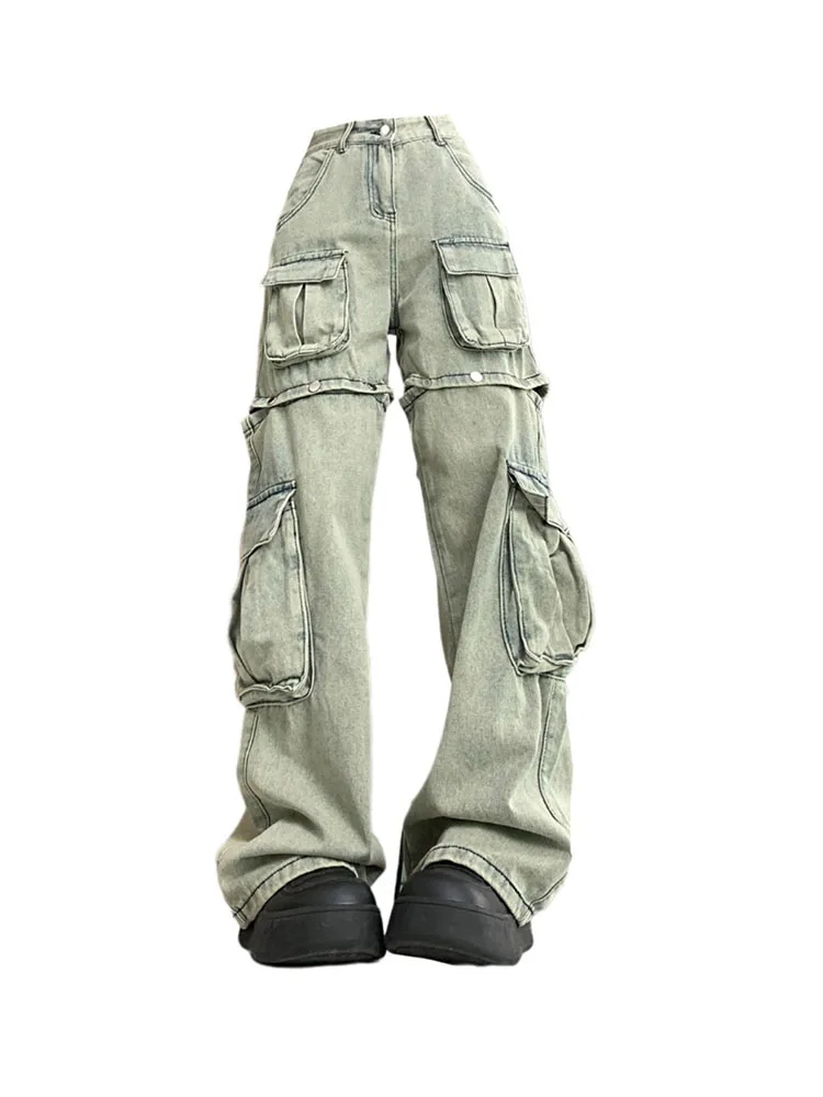 

Women Multiple Pockets Cargo Pants Casual Streetwear High Waist Blue Straight Trousers Cotton Denim Jeans 2000s Aesthetic Hiphop