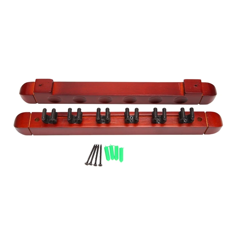 

1 Set Wall Mounted Hardwood Billiard Cue Rack Pool Cue Rack 6 Clips Billiard Holder Bracket Accessories