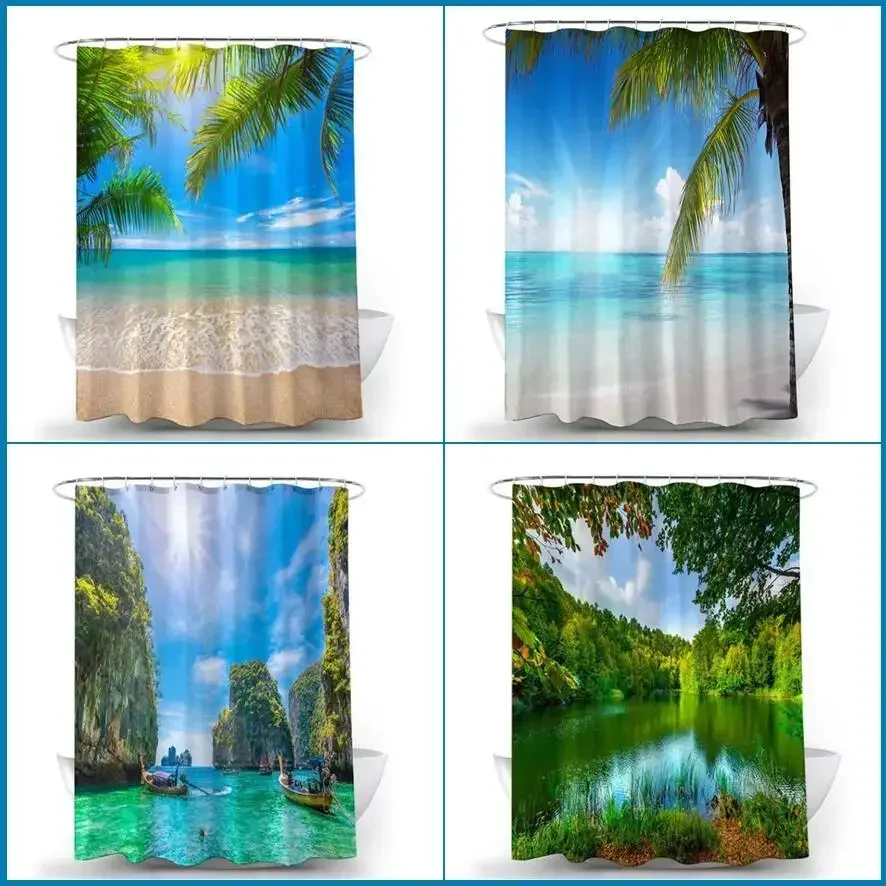 Hawaii Ocean Palm Leaves Beach Shower Curtains Forest Lake Mountain Nature Landscape Bath Curtain Fabric Wall Bathroom Decor Set