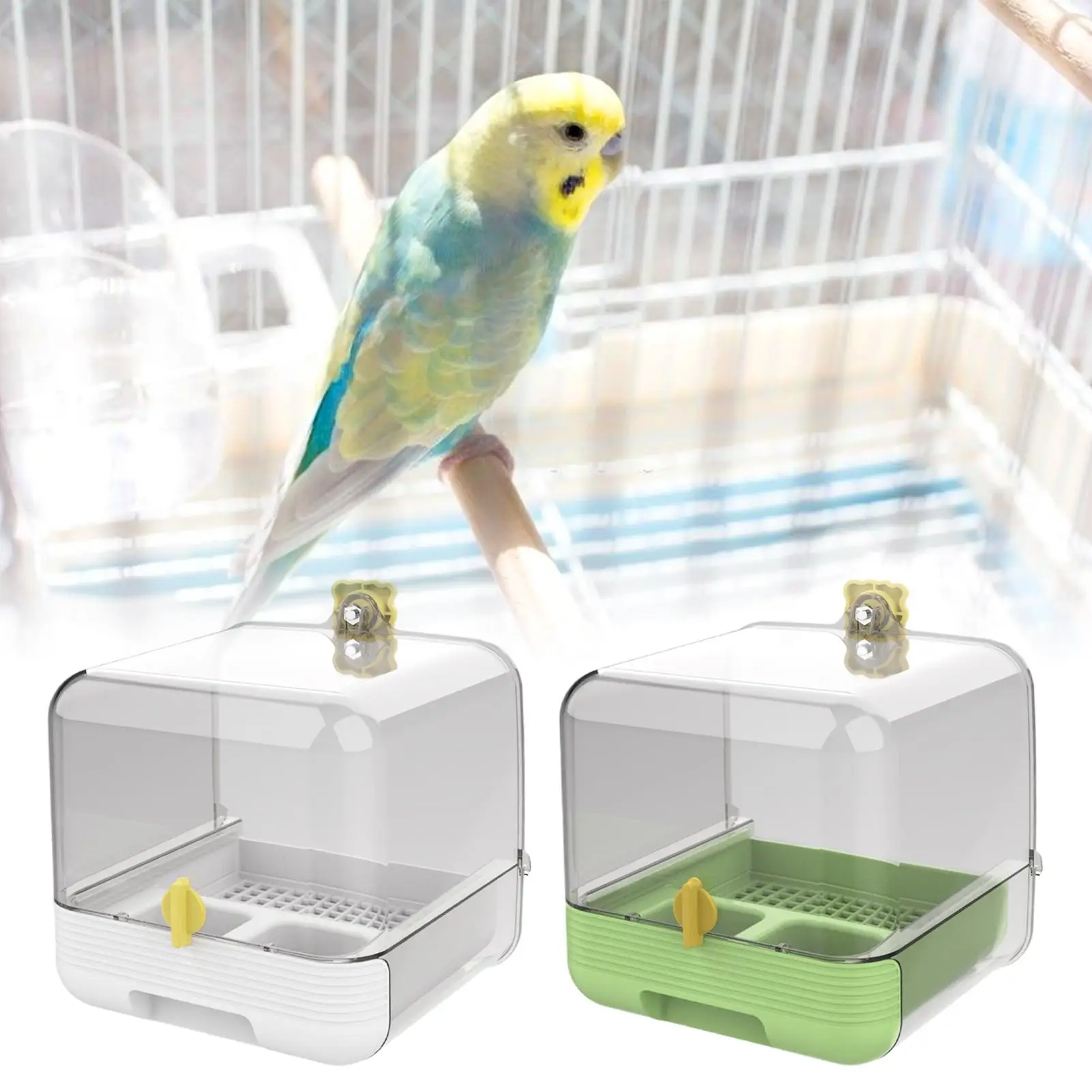 

Parrot Bath Bird Feeder For Cage Pull-out 2 In 1 Transparent Bathtub Quick Cleaning Feeder For Yard Outdoors Deck Indoor Inside