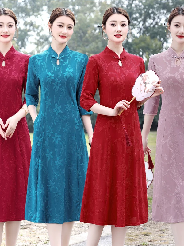 

Ele Mid-Sve Dr for Middle-Aged And ly Women Slim Fit with Stand Collar And Wide Hemline Sp...