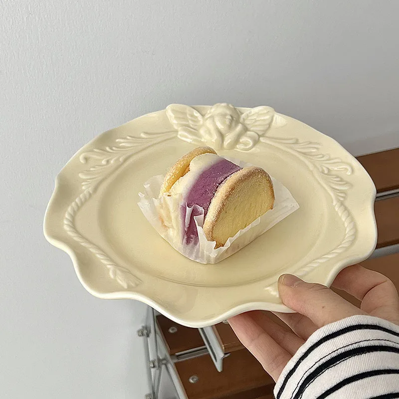 النمط الفرنسي لوحة سيراميك نمط الإغاثة كعكة مستديرة أطباق الحلوى مطعم المنزل المطبخ لطيف أدوات المائدة أطباق تقديم الخبز #4