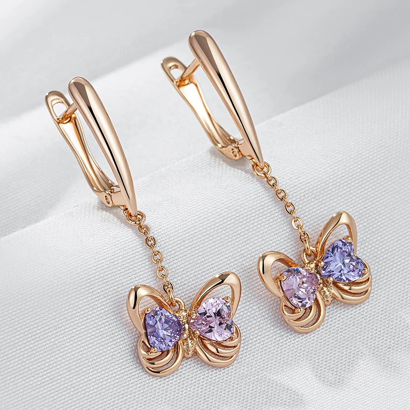 Wbmqda 585 Rose Gold Farbe Schmetterling Form Lange Tropfen Ohrringe Für Frauen Rosa Lila Zirkon Einstellung Hochzeit Party Mode Schmuck