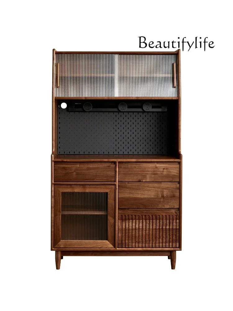 Nordic black walnut wood bar counter integrated wall storage cabinet, Japanese solid wood double-layer tea and wine cabinet