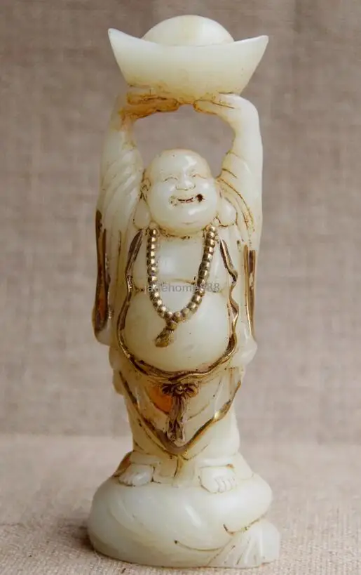 

7" China White Jade Gilt Happy Maitreya Buddha Buddhism Yuanbao Money statue