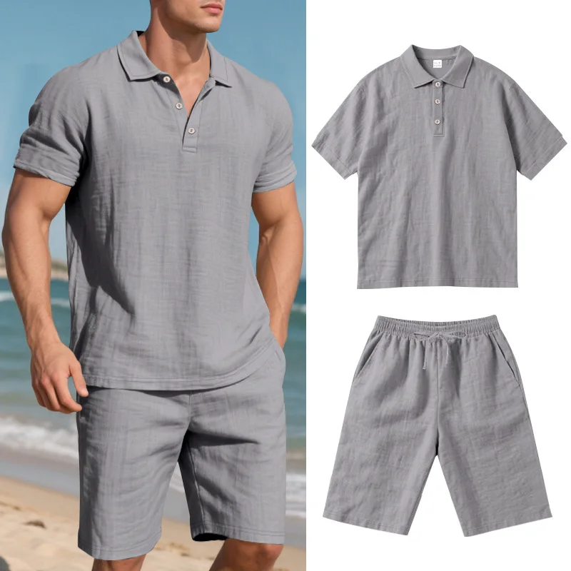 

American Summer Men's 2-Piece Set Loose Casual Breathable Linen POLO Shirt Short-Sleeved Beach Shorts Combo