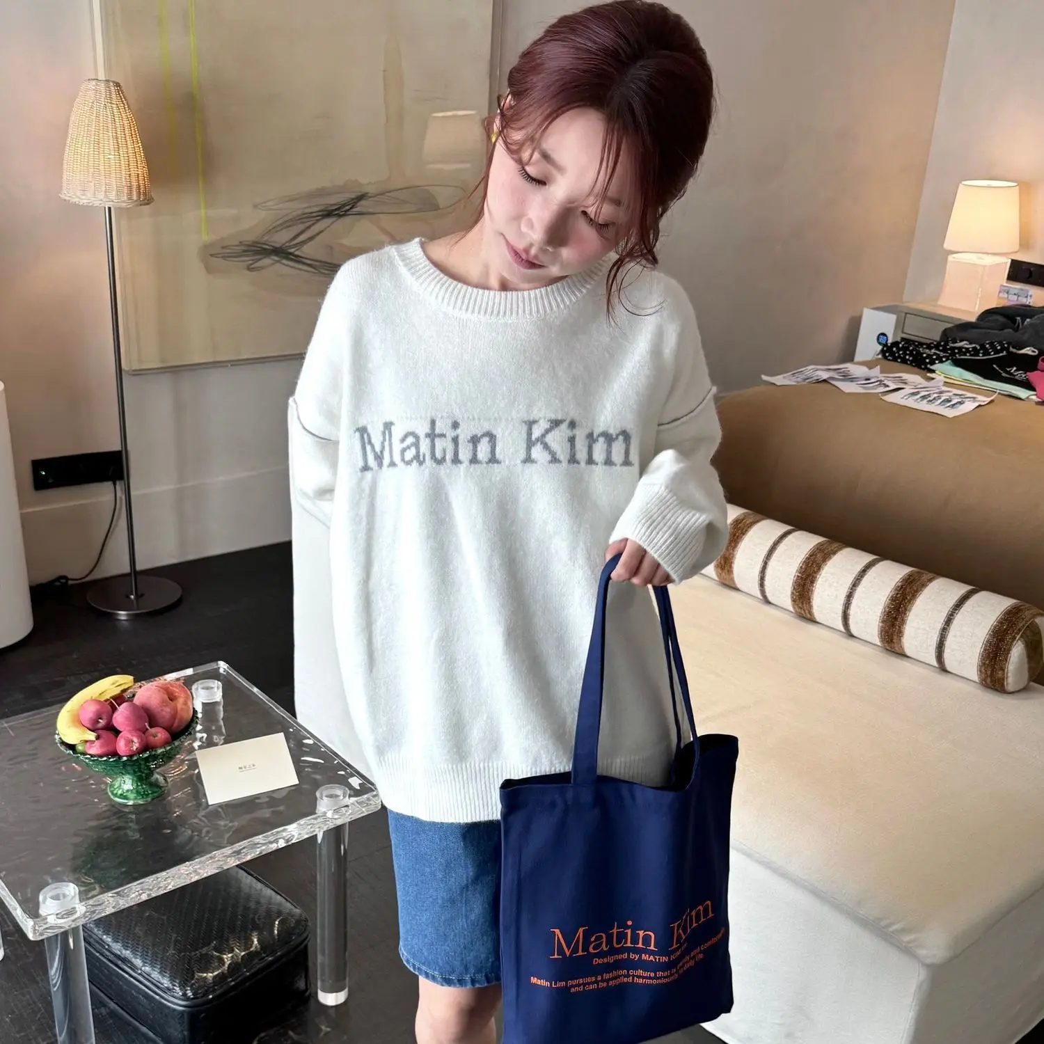 MATIN KIM Letter‑Embroidered Loose Soft Knit Sweater, Basic Versatile Couple Pullover Top Korean Niche Autumn Winter Knitwear
