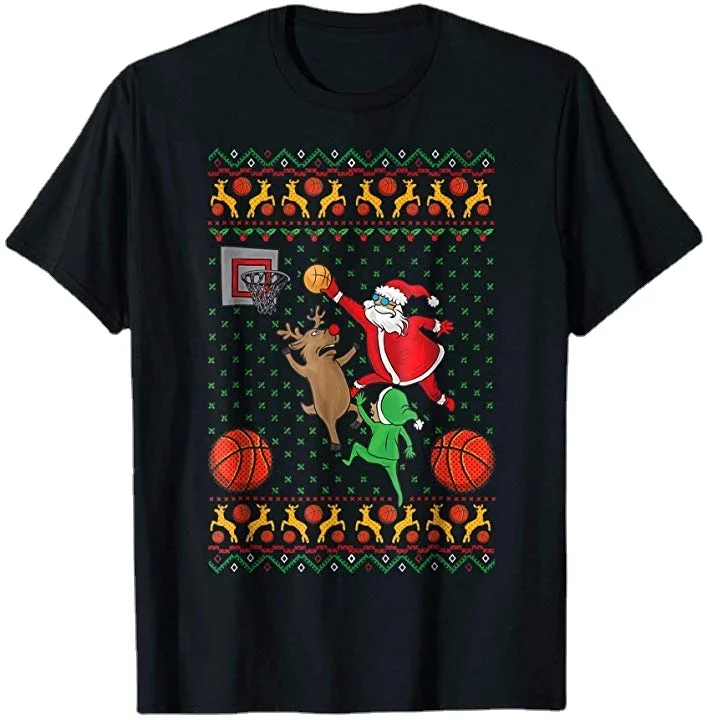 Basketball Christmas Santa and Reindeer Funny Ugly Christmas T-Shirt. Cotton Short Sleeve O-Neck Unisex T Shirt New S-3XL