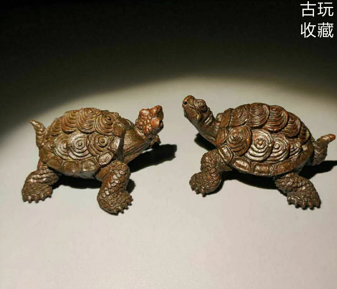 Antique pair Chinese fengshui Tea Pet Pure Solid Copper Turtle tortoise Statue