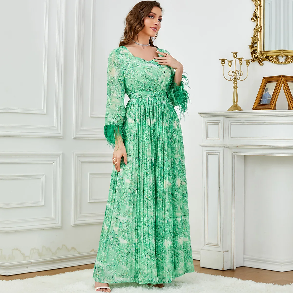 Robe Maxi à Imprimé Floral pour Femme, Abayas en Plumes pour Ramadan, Arabe Saoudien, Musulmane, Dubaï, Caftan Jalabiya, 3636