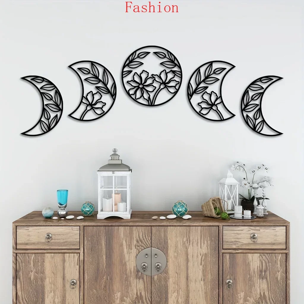 

5pcs Moon Phase Wall Mounted Decor Flower Leaf Home Art Decor Metal Moon Phase Nordic Decoration Wall Ornament Livingroom Wall D