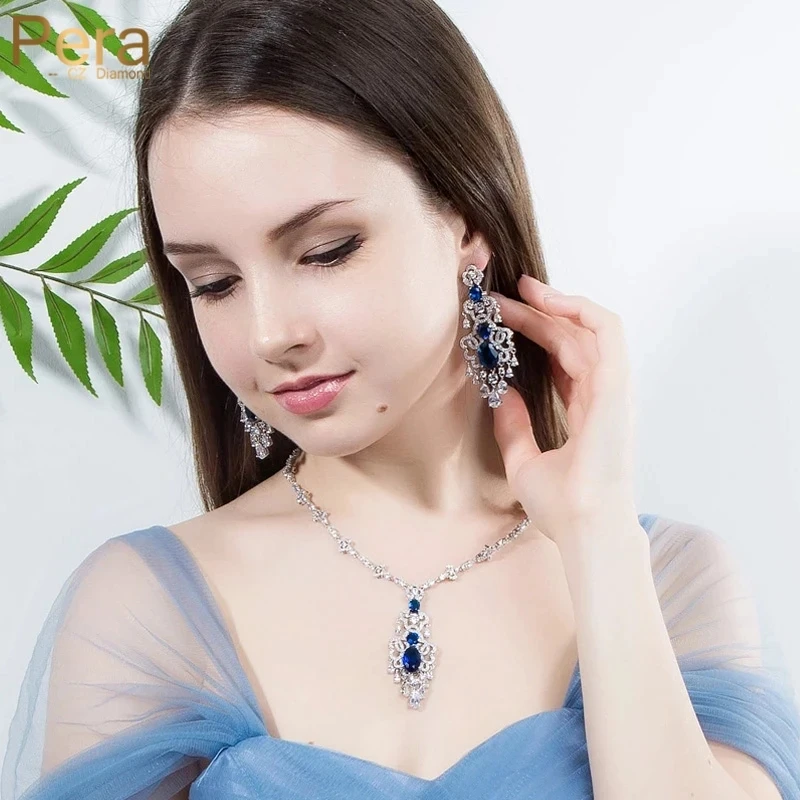 Pera European Style Royal Blue Cubic Zirconia Long Chandelier Drop Neckalce Earrings for Women Engagement Party Jewelry Set J182