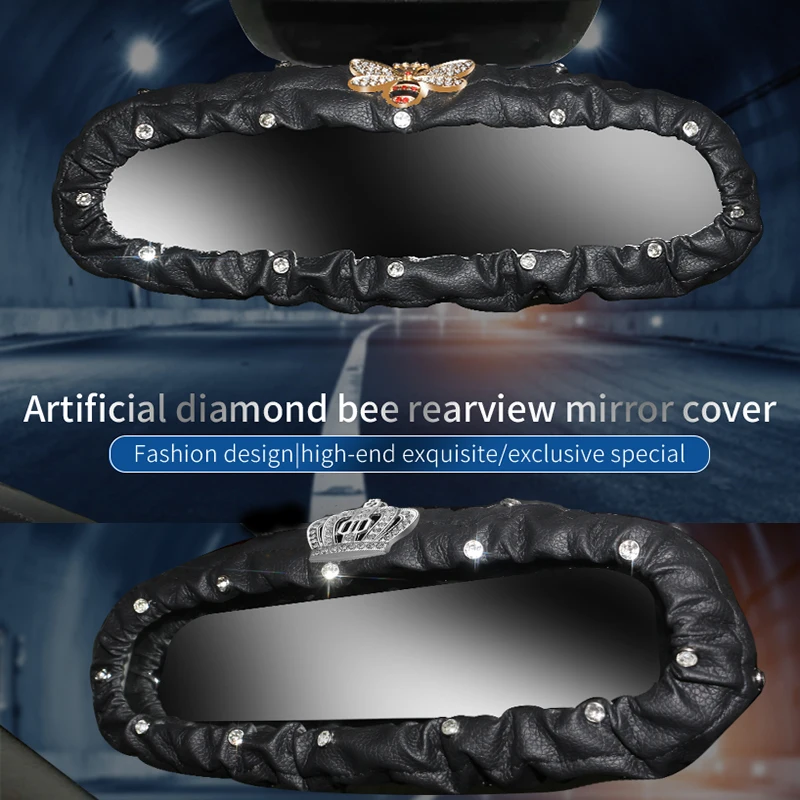 

Universal Bling Bling Crown Bee Car Rearview Mirror Accessories Mirror Leather Decorative Cover Shiny Rhinestones for Women