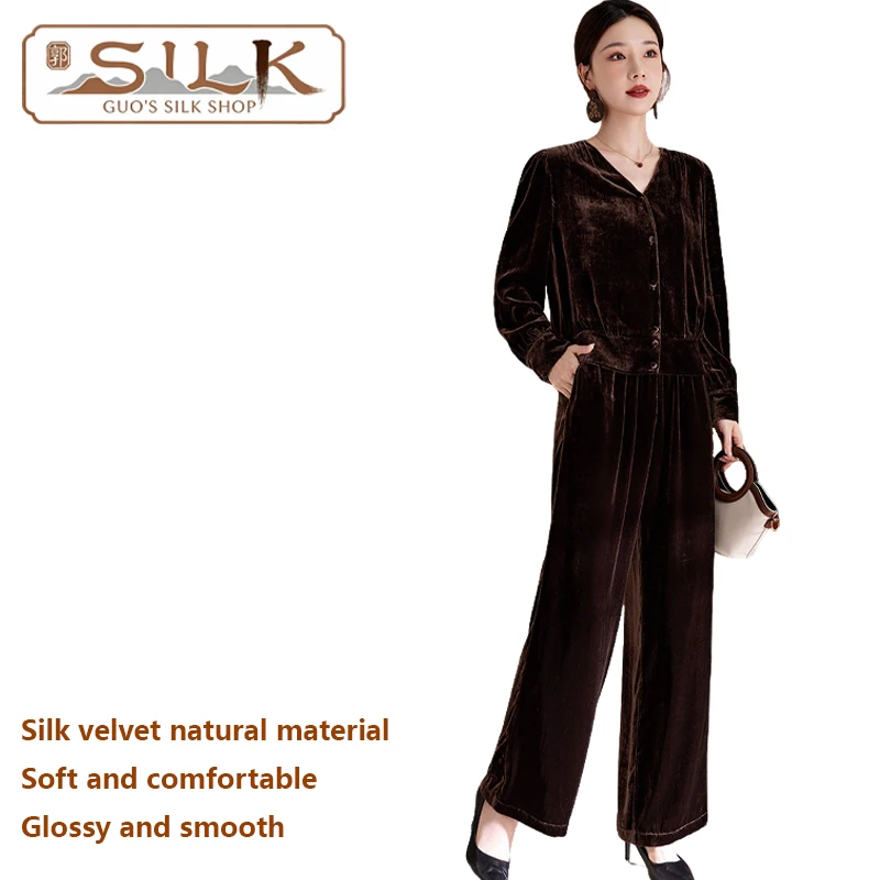 

Высококачественный женский костюм из шелкового бархата — комплект из рубашки и брюк с V-образным вырезом и длинными рукавами — элегантный, роскошный, модный и повседневный стиль