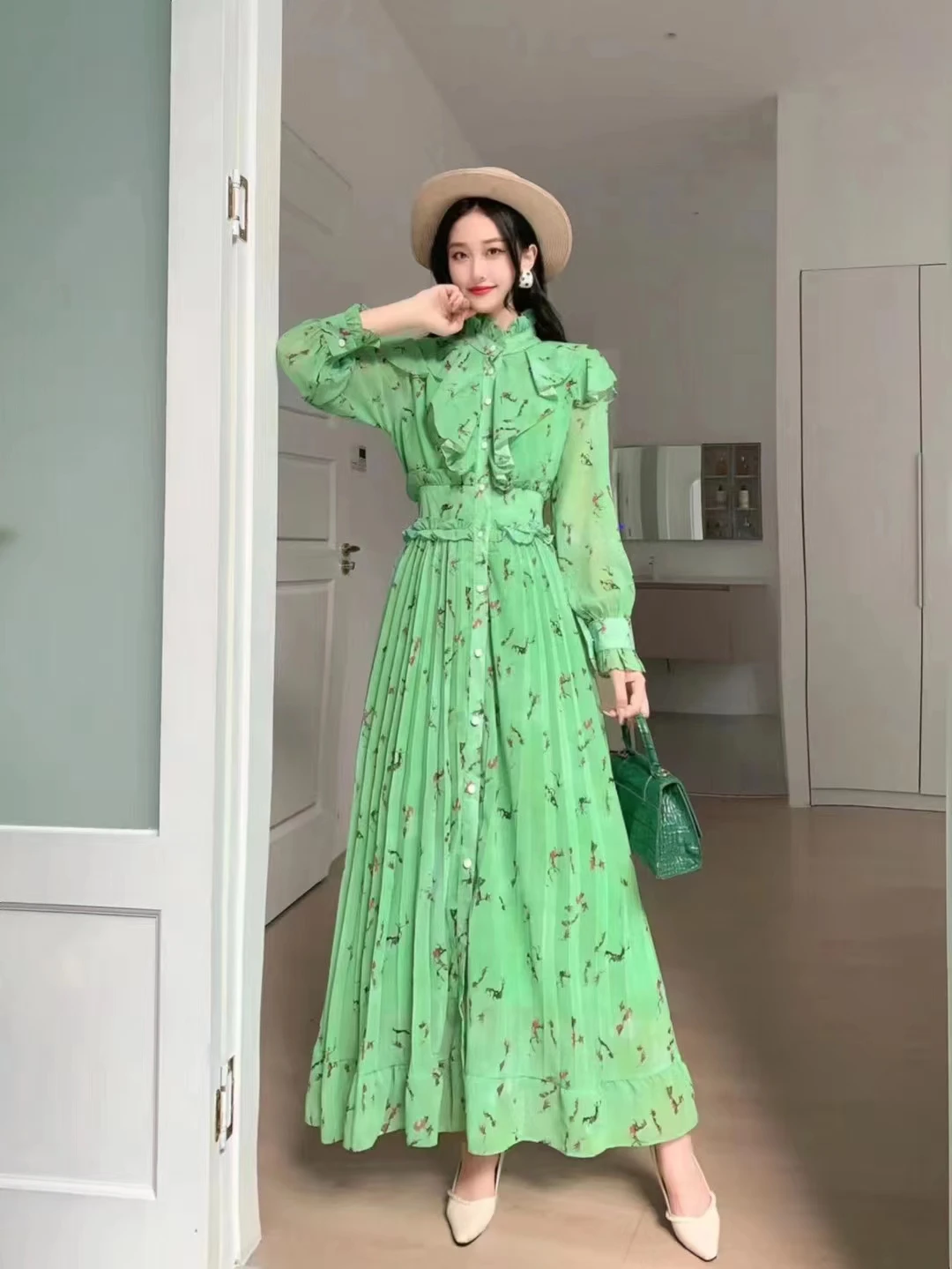 New Spring Autumn Women Stand Collar Long Sleeve Slim Long Dress Sweet Ruffles Single Breasted Pleated Split Hem Floral Dress