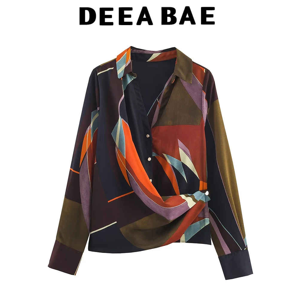 DEEABAE ملابس نسائية خريفية جديدة تصميم فرنسي قميص بصدر واحد مطبوع وطية صدر مزدوجة وأكمام طويلة