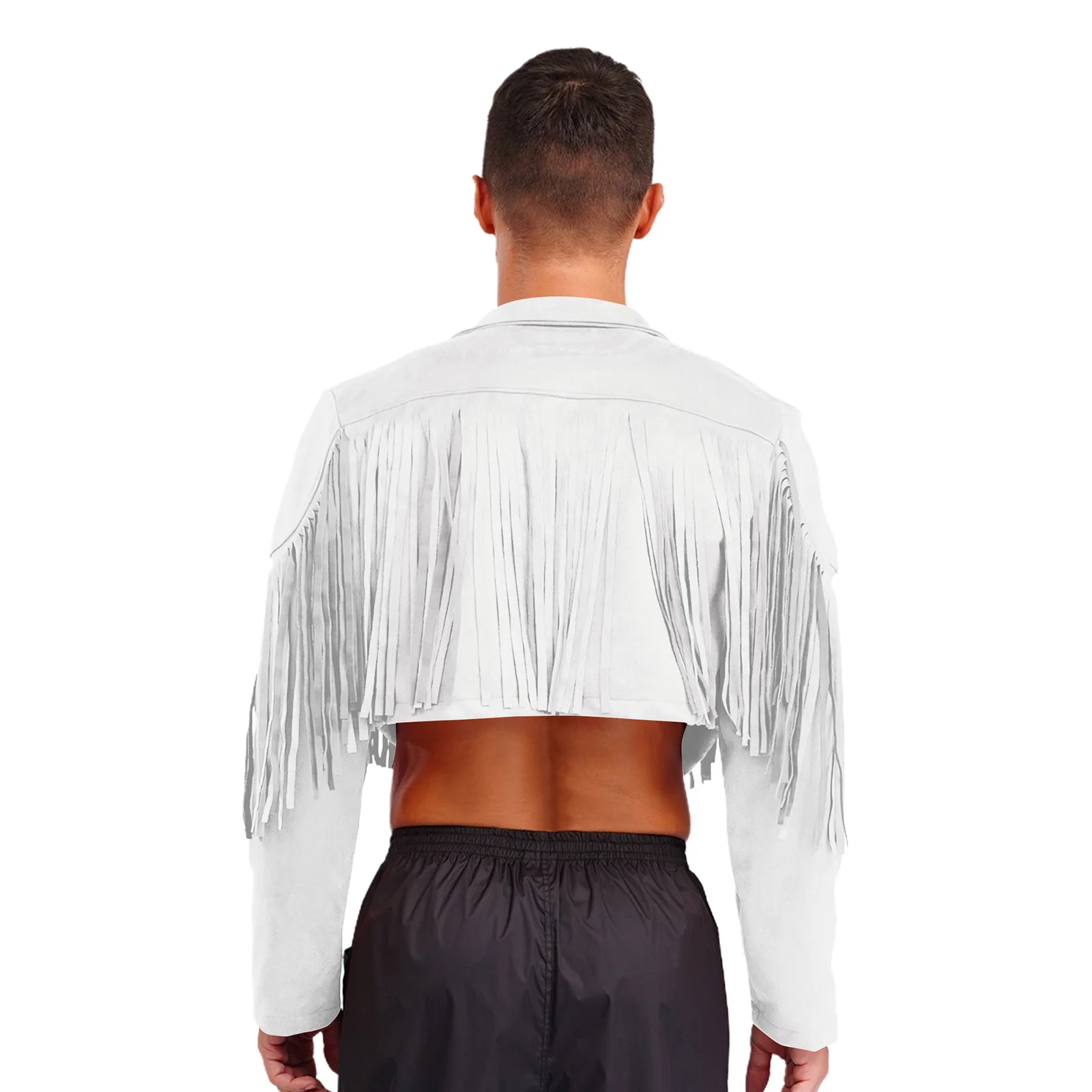 Mens Vintage Fringe Faux Suede Cropped Jackets 80s Hippie Western Cowboy Costume Lapel Long Sleeve Open Front Cardigan Clubwear
