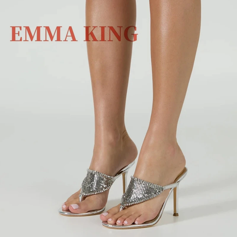 Silver Metallic Heels Open Toe Women's Mules Shoes Prom Thong Sandals Summer Fashion Thin Heeled Slide Sandals T-Strap Mules view 4