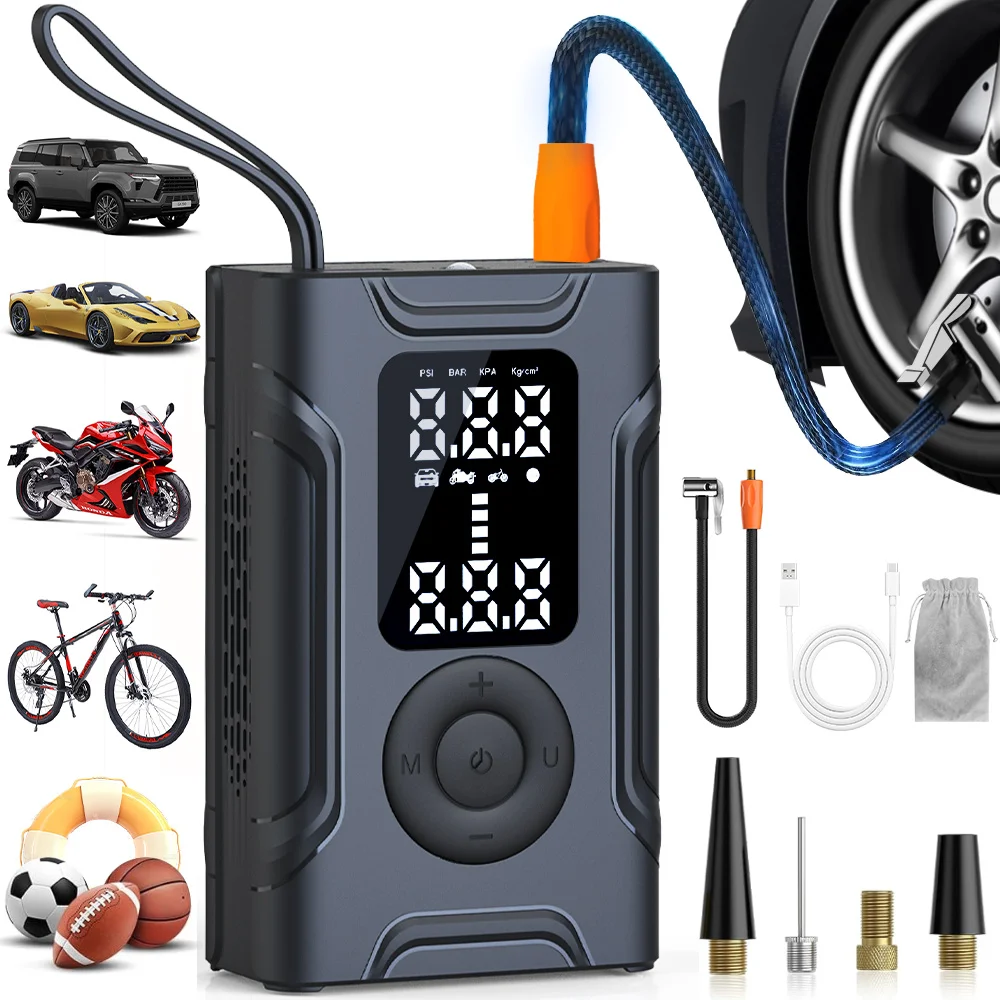 4000mAh Wireless Tire Inflator Portable Air Pump, Digital LED Auto Stop Power Bank for Car Motorcycle Bike Ball Swim Ring