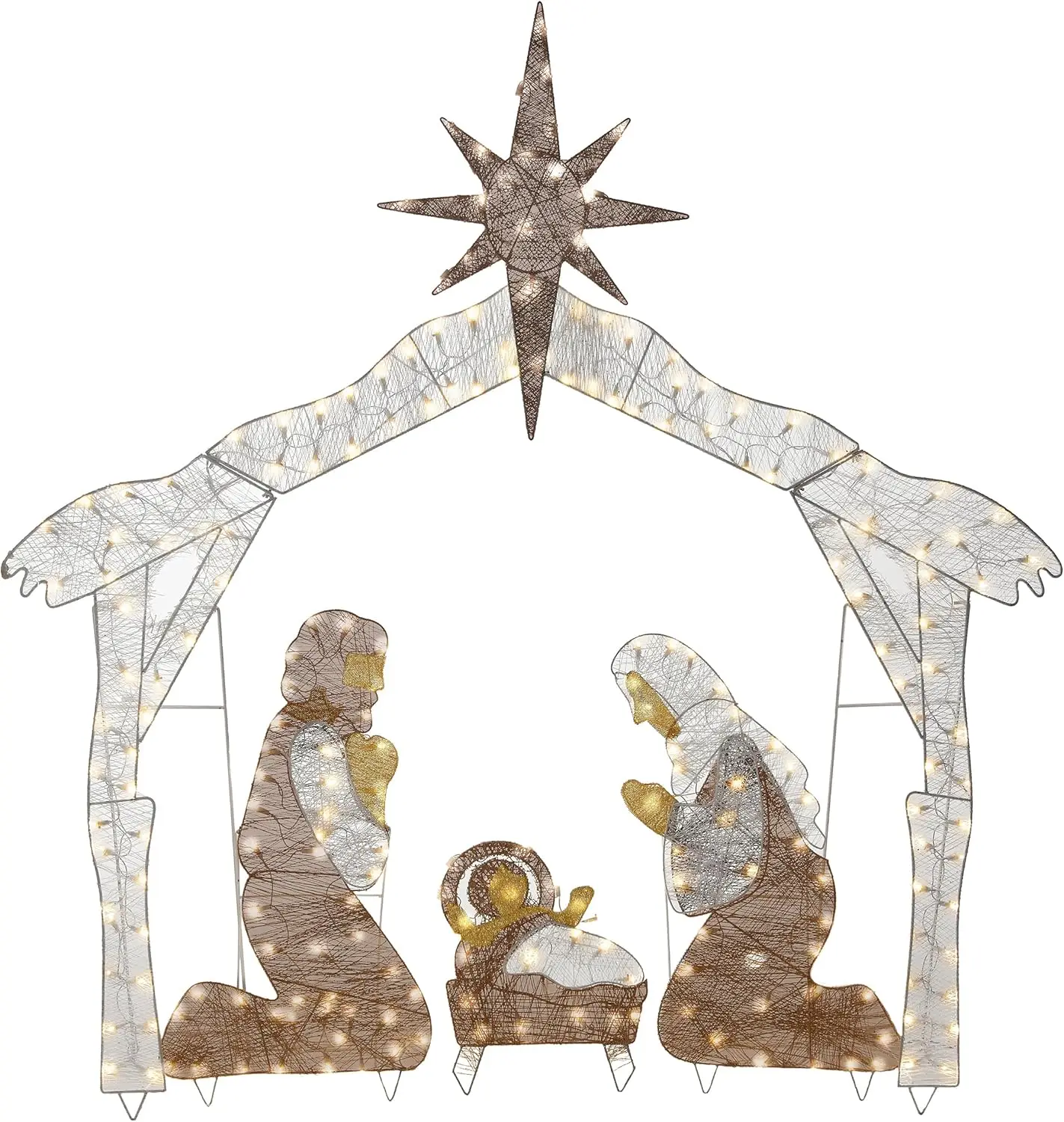 

Artificial Christmas Décor Includes Pre-Strung White Mini Lights and Ground Stakes-Crystal Holy Family