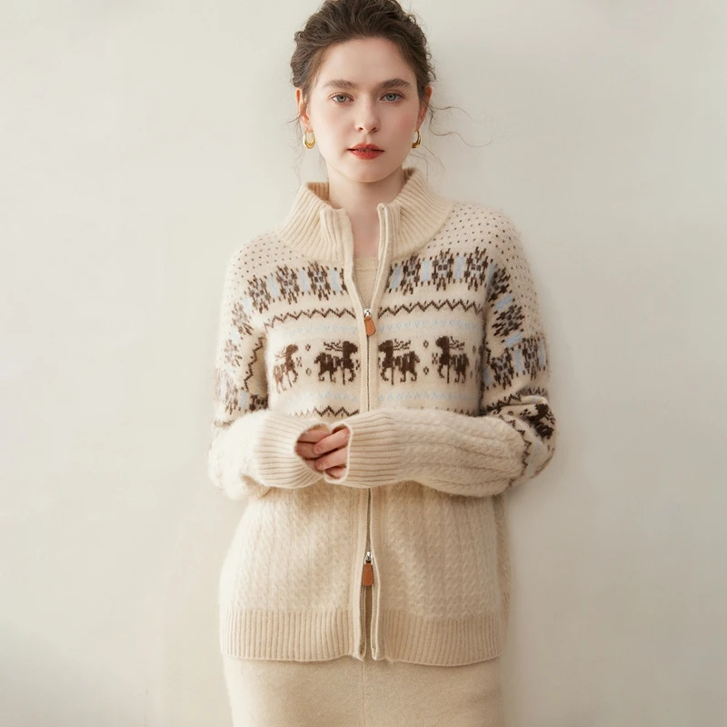Women 100%Cashmere Cardigan Winter Vintage Deer Collar Zip Knitted Coat Autumn Thick Sweater Loose Casual Korean  Warm Outerwear
