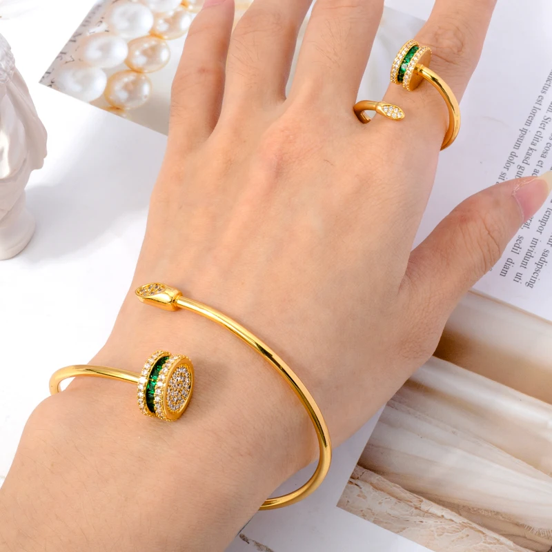 

Sunny Jewelry Sets Snake Screw Bracelet Ring Colorful Zircon Open Bangle Copper Gold Plated Hand Accessory Men Women Party Gift