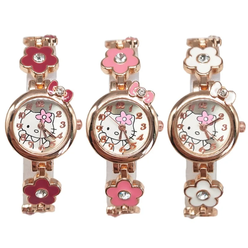 Miniso Anime Cartoon Sanrio Sweet Bow Hello Kitty Flowera Girls Student Quartz Watch Children Alloy Belt Watch Birthday Gifts